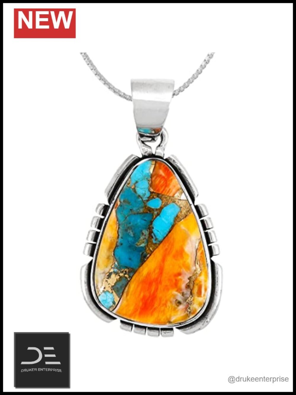 Sterling Silver Pendant Necklace 20" Genuine Turquoise Spiny Oyster Gemstone